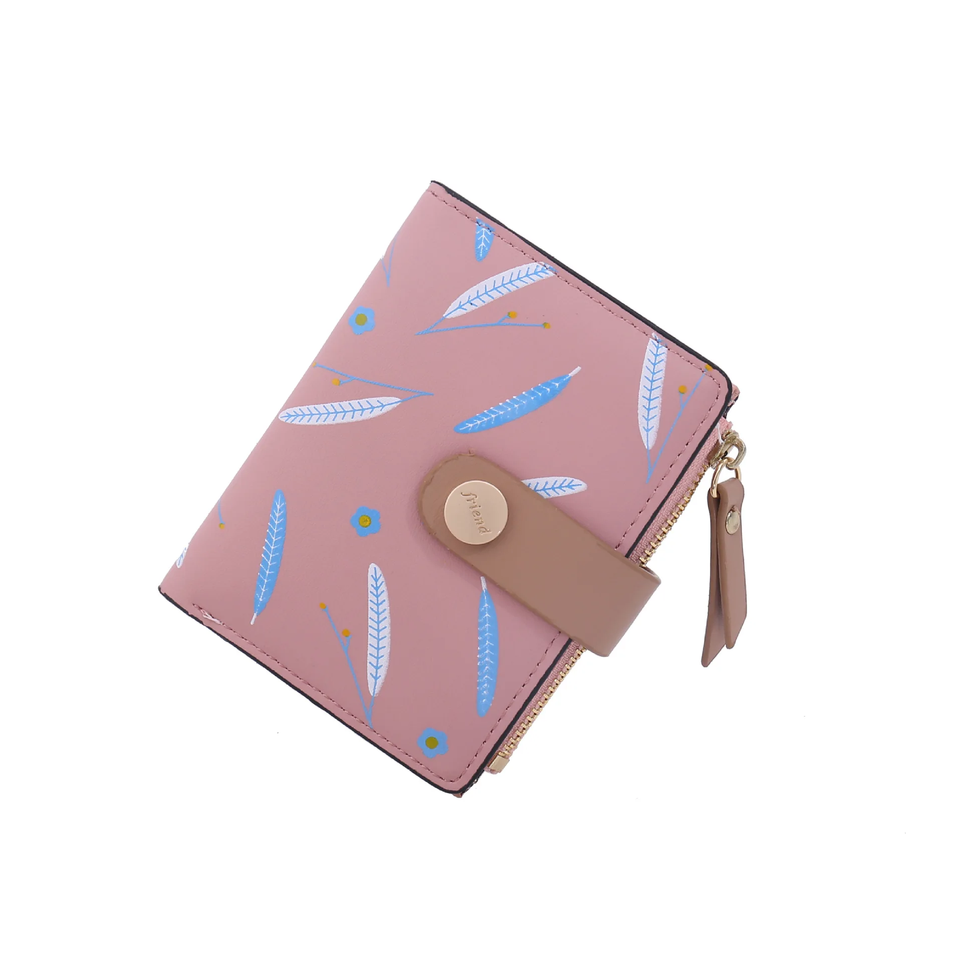 

Short Women's Wallet Soft PU Leather Leaf Print Credit Card Holder Buckle Two-fold Ladies Zipper Coin Purse Mini Wallets