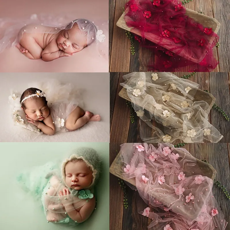 Fotograf&iacute;a de reci&eacute;n nacido accesorios flor fondo s&oacute;lido manta para fotograf&iacute;a apoyos estudio dispara Floral Preal abrigo de encaje beb&eacute; foto-0