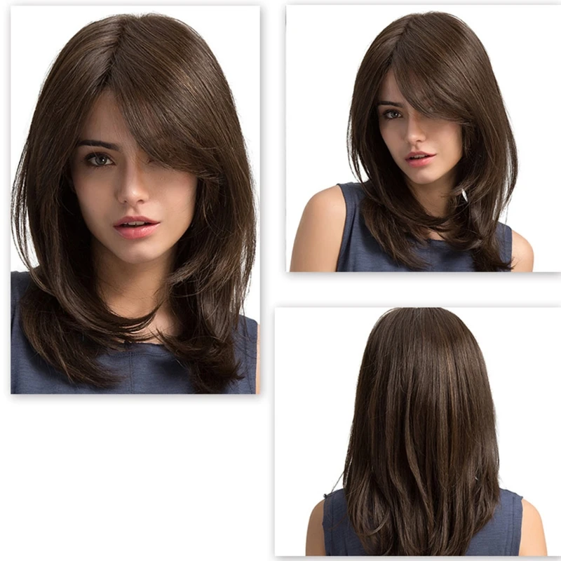 Темно-коричневые женские волосы длина плеча вьющиеся синтетические волна парики