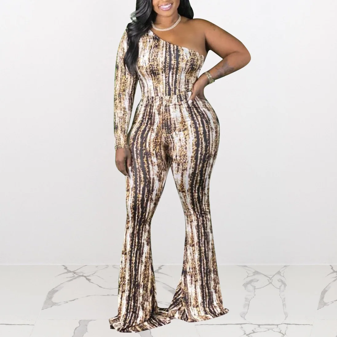 

Sexy One Shoulder Jumpsuits Womens Large Printed Bodycon High Waisted Flare Pants Fashion Elegant Evening Night Club Rompers New