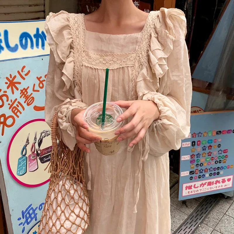 

WICCON 2021 New Spring Loose Square Lace Stitching Ruffled Dress Long Puff Sleeve Ankle-Length Casual Vintage Korean