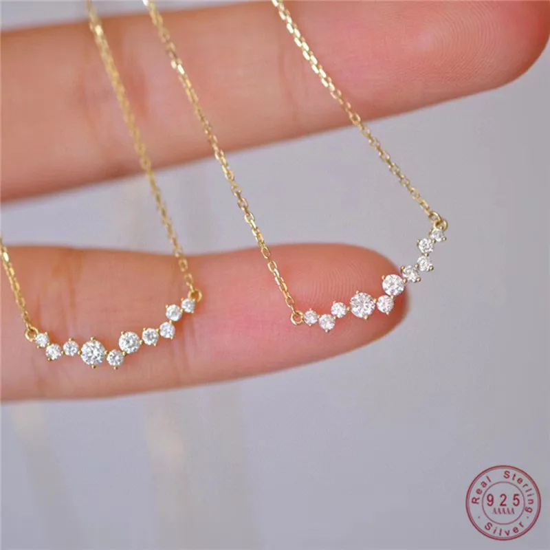 

925 Sterling Silver Korean Version Simple Pavé Zircon Smile Pendant Clavicle Chain Necklace Women Charm Wedding Jewelry