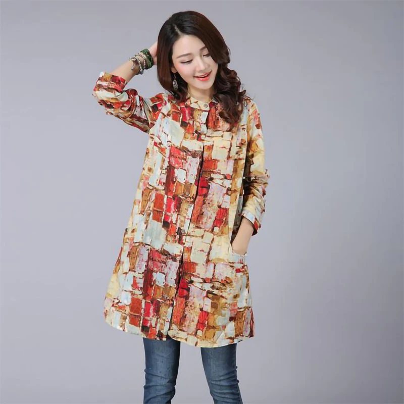 Tunics Long Shirt Women Vintage Cotton Linen Plaid Shirt Long sleeve Stand collar Ladies Casual Tops and Blouses