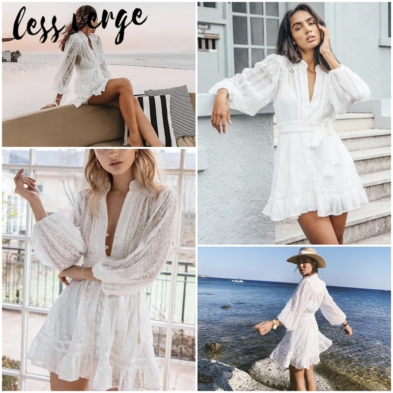 Женское кружевное платье с длинным рукавом белое Сетчатое Хлопковое v-образным