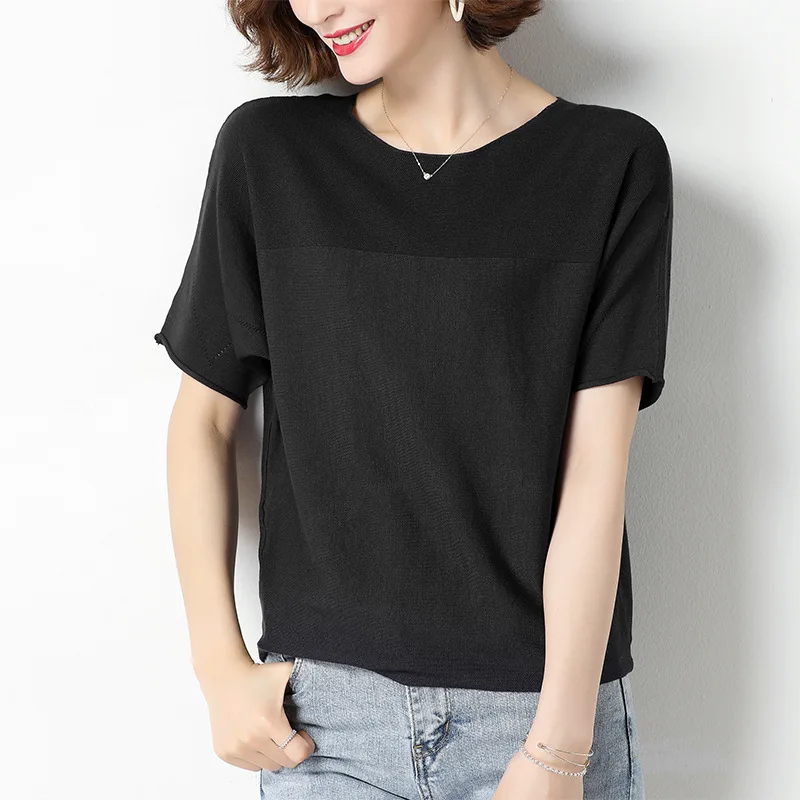 

2021 new fashion T-shirt Summer solid color round neck short sleeve knitted women