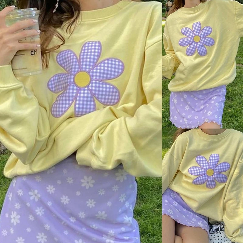 

Women Long Sleeve Sweatshirt Harajuku Plaid Floral Embroidery Crewneck Pullover Tops Oversized Loose Shirts Streetwear