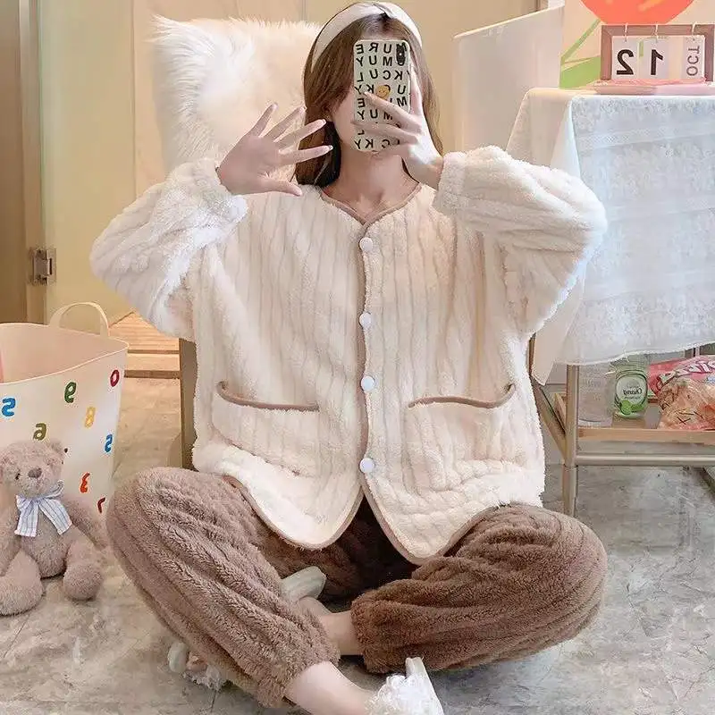 Women Winter Coral Fleece Pajamas Sets Thick Warm Flannel Sleepwear 2-Piece Set V-Neck Female Long Sleeve Trousers Pyjamas