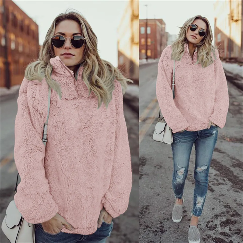 

Winter Sherpa Sweaters Plus Size 5XL Fleece Turtleneck Pullovers Fluffy Hooded Tops Zipper Sweater Loose Coat Women Streetwear