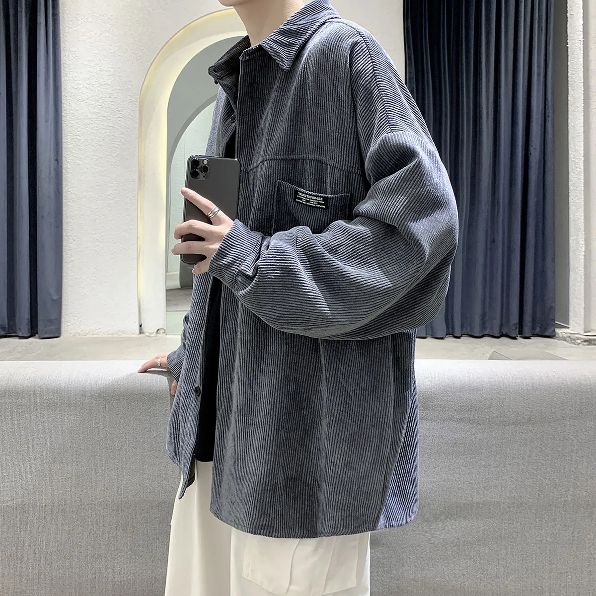 

2021 Men's Corduroy slim fit Long Sleeve Shirts Autumn Korean Shirt Woman Fashion Casual Oversize Shirt Printed Clothing Tops