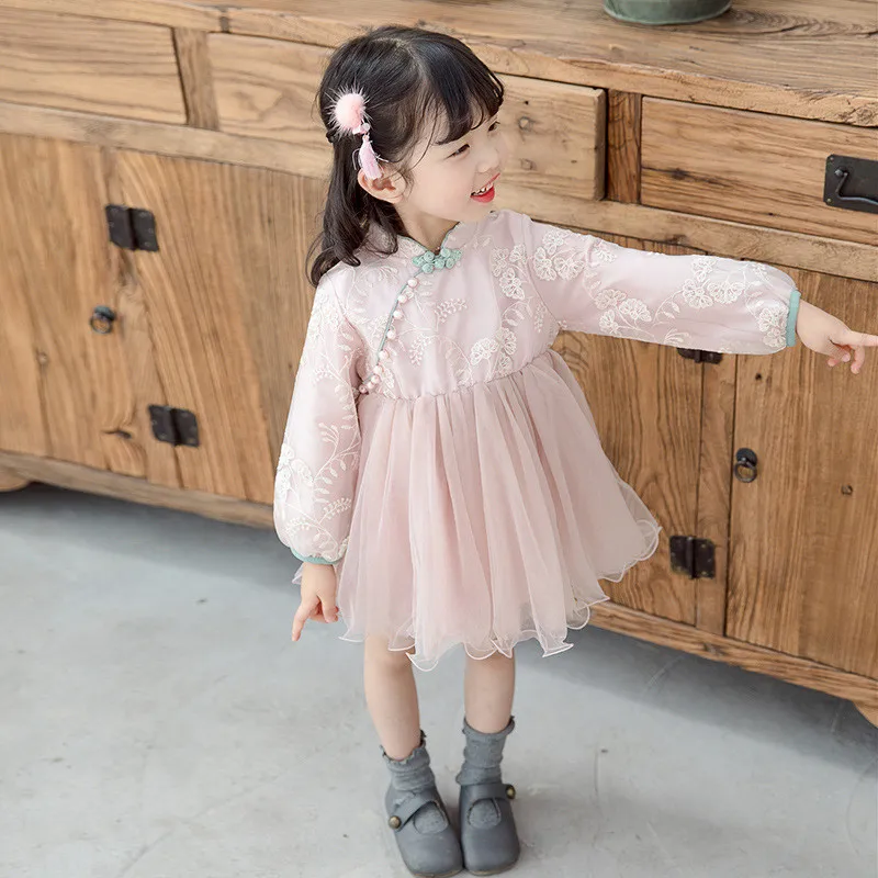 Платье Сезон осень в китайском стиле Детское платье с длинными рукавами для