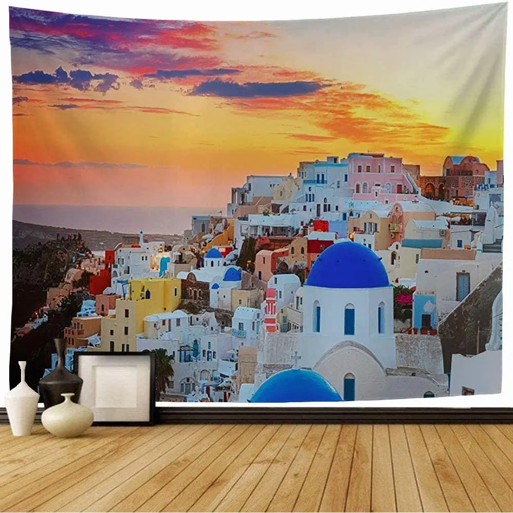 

Tapestry Blue Greece Cityscape Oia Traditional Greek Day Village Santorini Parks Island Aegean Architecture Beach Tapestry Funny