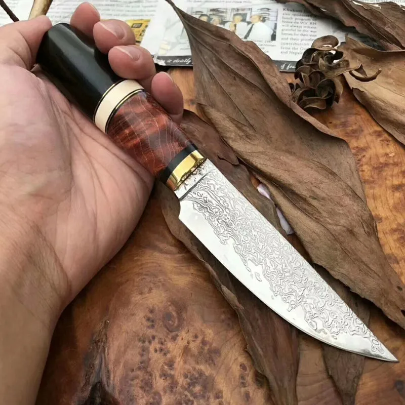 Нож из дамасской стали с фиксированным лезвием ручкой черной древесины|Ножи| |