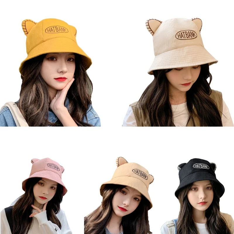 

Fashion Hat Cute Ears Bucket Sweet Letter Basin Hat Sun Protection Cartoon Fisherman Hat Foldable Sunshade Student Hat