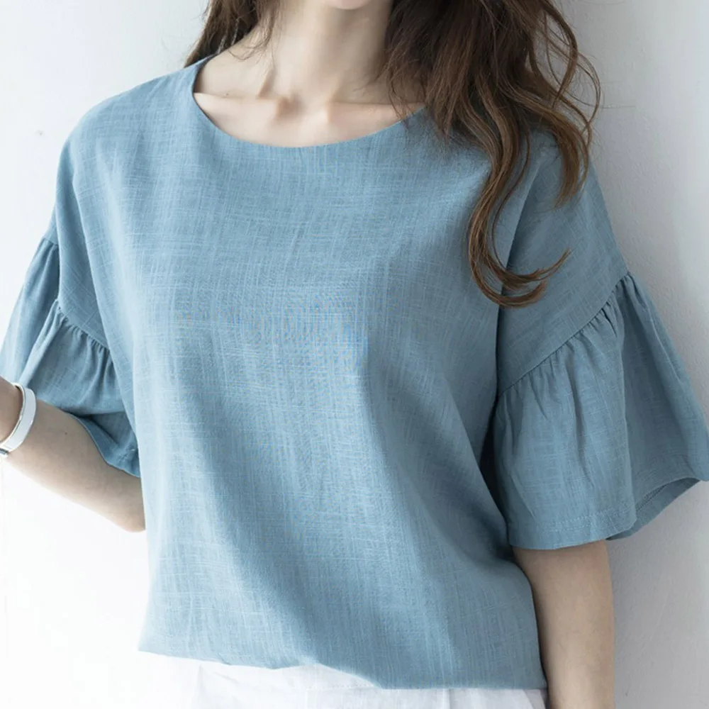 

Cotton Blends Women T-Shirt Spring Summer Korean Sweet Flared Half Sleeve Solid Blue Bow Female Tops Causal Shirts 2021 New