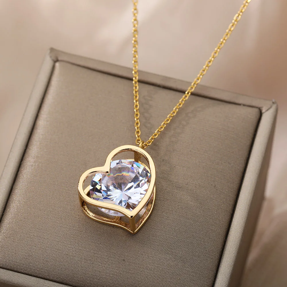 

RXSMll Zicron Love Necklace For Women Lury Gold Sliver Color Double Heart Pendant Chain Neck Female Wedding Party Jewelry Gifts