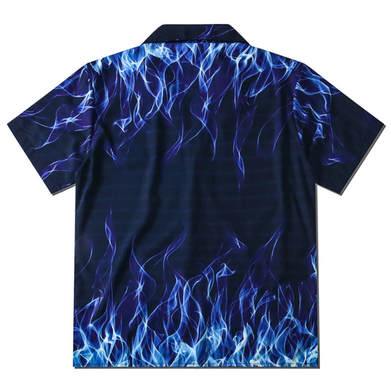 2021 Blue Flame Print Shirts Men Streetwear Hip Hop Mens Hawaiian Shirt Harajuku Summer Beach Shirt Hawaii Tops Short Sleeve