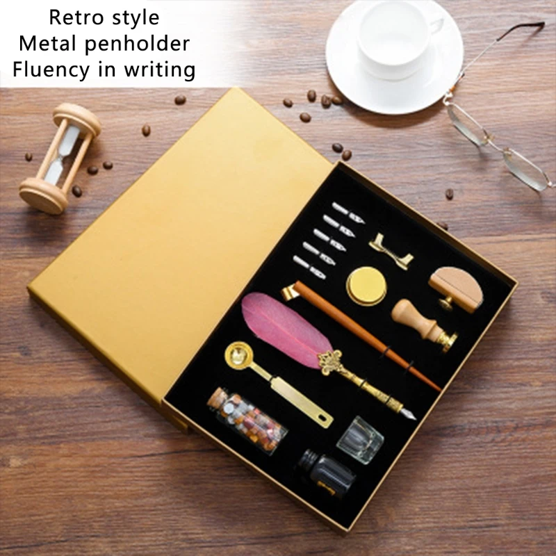 

Retro Calligraphy Quill Feather Dip Pen with Nibs Wax Seal Stamp Holder Gift Box Stationery School Supplies M5TB
