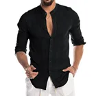 Рубашка Feitong мужская с круглым вырезом, Повседневная пляжная блузка с длинными рукавами, однотонная Классическая рубашка, черная белая, на лето