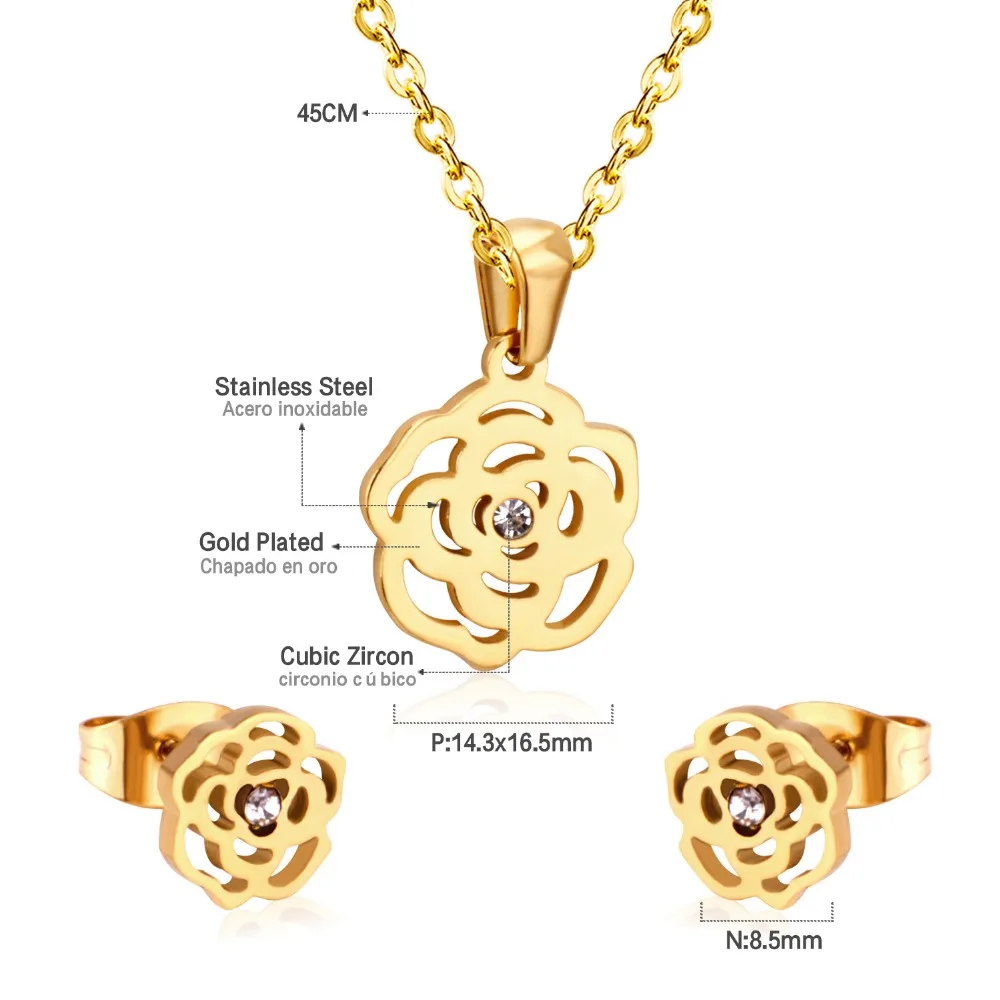 ASONSTEEL Bridal Jewelry Sets Stainless Steel Gold/Silver Color Romantic Flower Shape Pendants Charm Chain Necklace Earring Sets