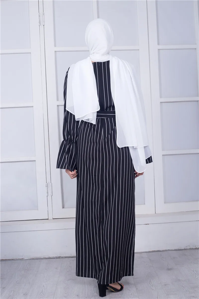 

Middle Eastern High Quality Fashion Muslim Dubai Black Striped Flared Sleeve Dress Abaya Turkey For Women Long Sleeve Dress