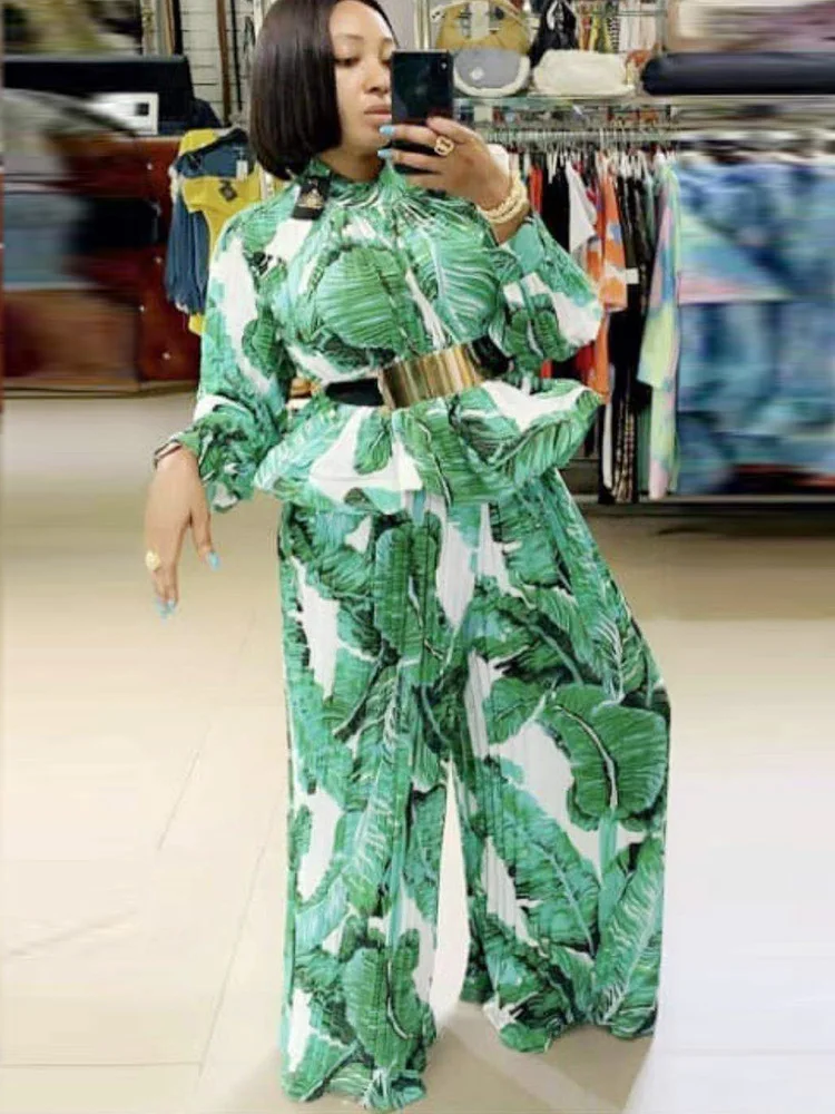 

Retro geometric print pattern tie loose two-piece shirt ladies autumn new style + high waist loose wide leg trousers suit