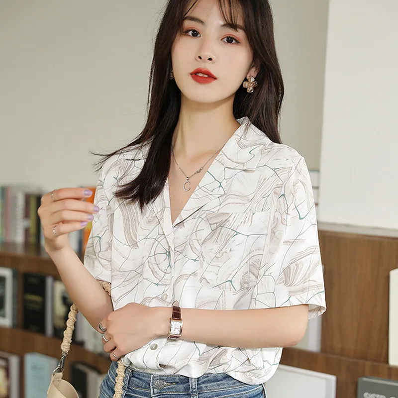 

Real Shot Printed Chiffon Shirt 2021 Summer Women's Short-Sleeved Shirt Korean Style Loose Retro Little Sister Slimming Top