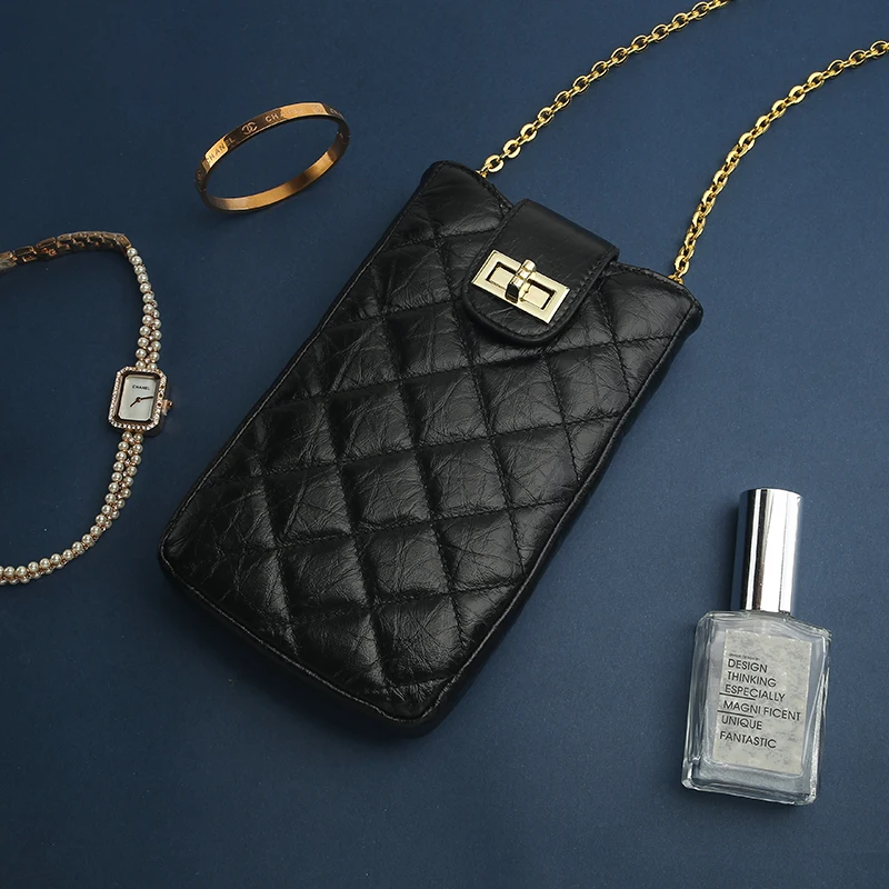 

Horologii Monogram Premium Branded Black Quality Leather Phone Holder Bag for Women Crossbody Chain Luxury Shoulder Purse