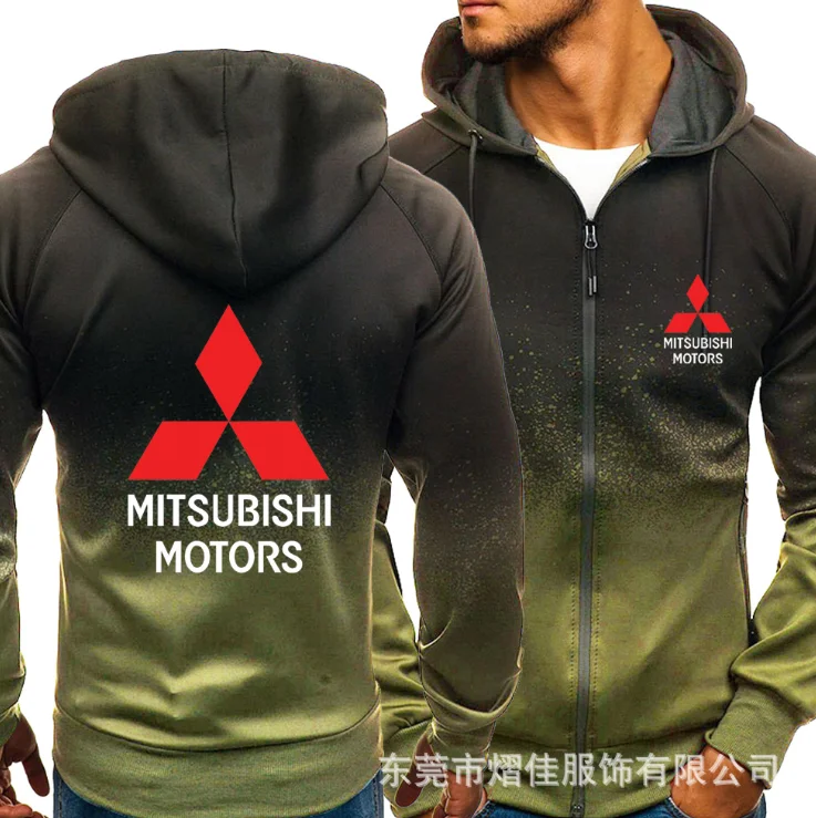 

2021 for Mitsubishi Car Logo Print Casual HipHop Harajuku Gradient color Hooded Mens Fleece Sweatshirts zipper Jacket