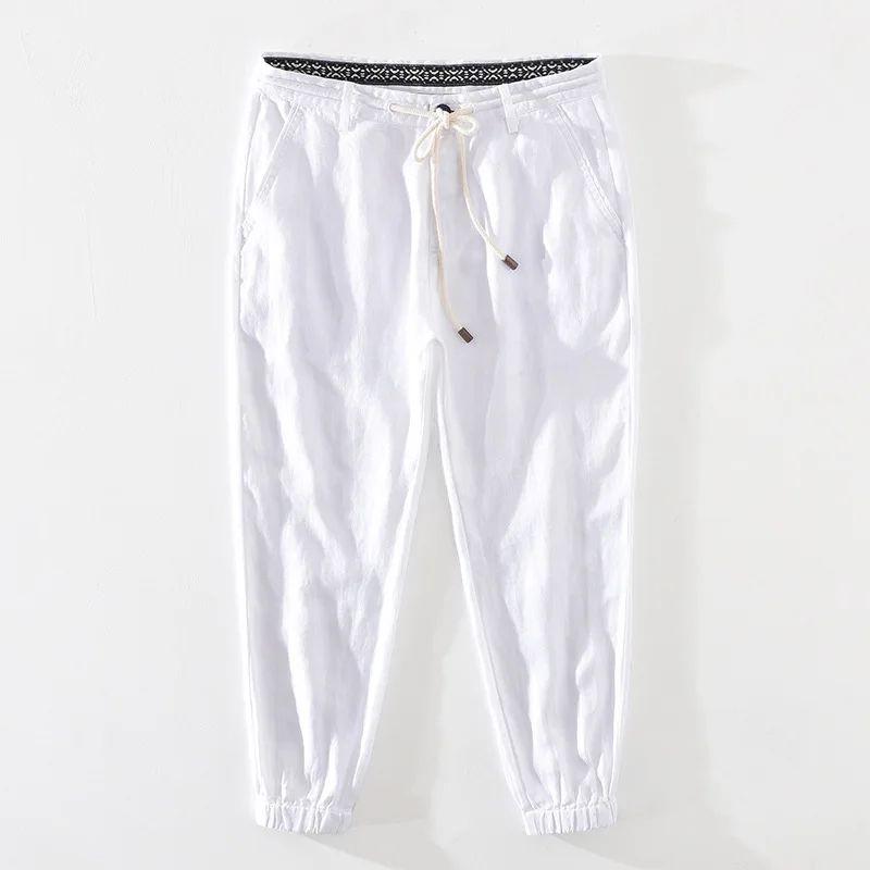 

Men's Summer Casual Ankle-Length Pants Natural Pure Linen Trousers Solid White Elastic Waist Drawstring Man Harem Pants Y2505