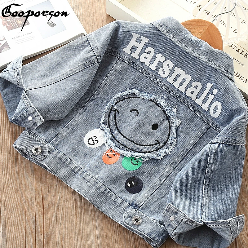 Джинсовая куртка для мальчиков и девочек осенне зимняя со смайликом 2019|Куртки