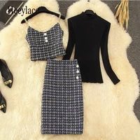 fall winter new diamond button tweed 2 piece set female high quality chain vest crop top long skirts black sweater suits