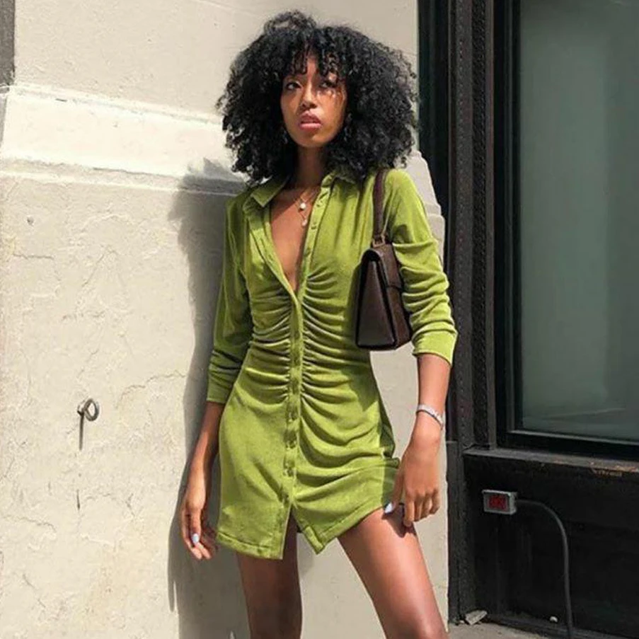 

Зеленое платье для женщин пикантные Клубные вечерние платье женская летняя рубашка с отложным воротником, с героями мультфильмов платья с длинными рукавами и пуговицами для детей; Обтягивающее мини-платье Femme