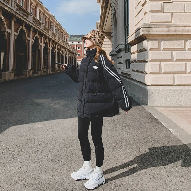 New Autumn and Winter Korean Style Loose Hong Kong Style Simple Pure Color Cardigan Stripe Printing Plus Down Jacket