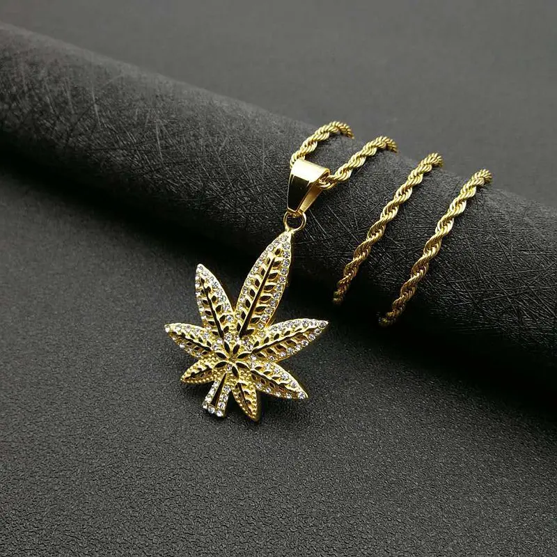 

Hip Hop Iced Out Bling Hemp Leaf Pendant Necklaces Male Gold Color Stainless Steel Chains For Men Jewelry Gifts Dropshipping