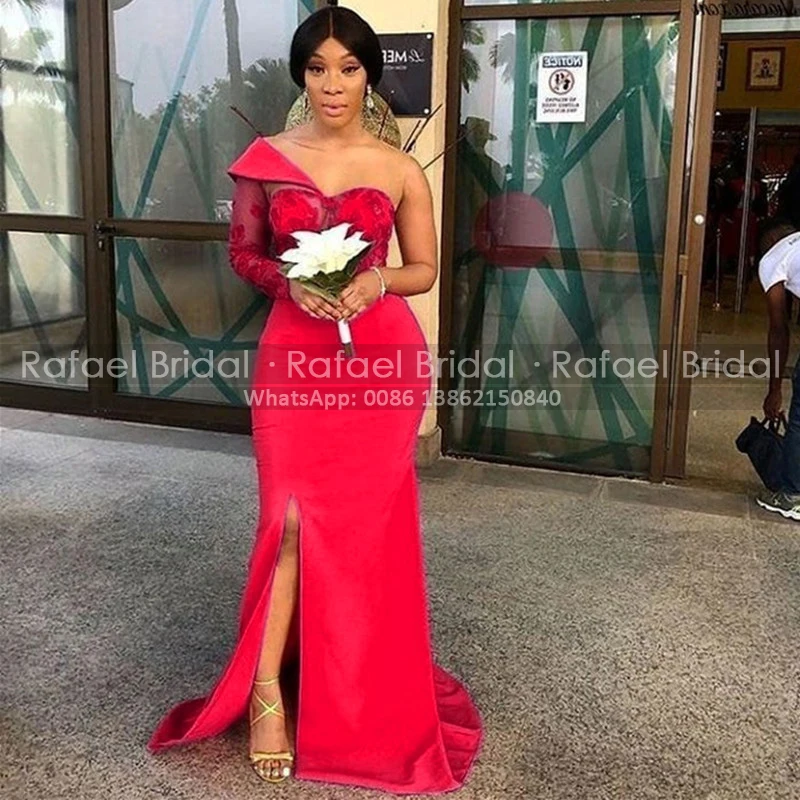 

Кружевное платье подружки невесты, красное вечерние с длинным рукавом, открытым плечом, с разрезом сбоку, с юбкой годе, для невесты, подружки...