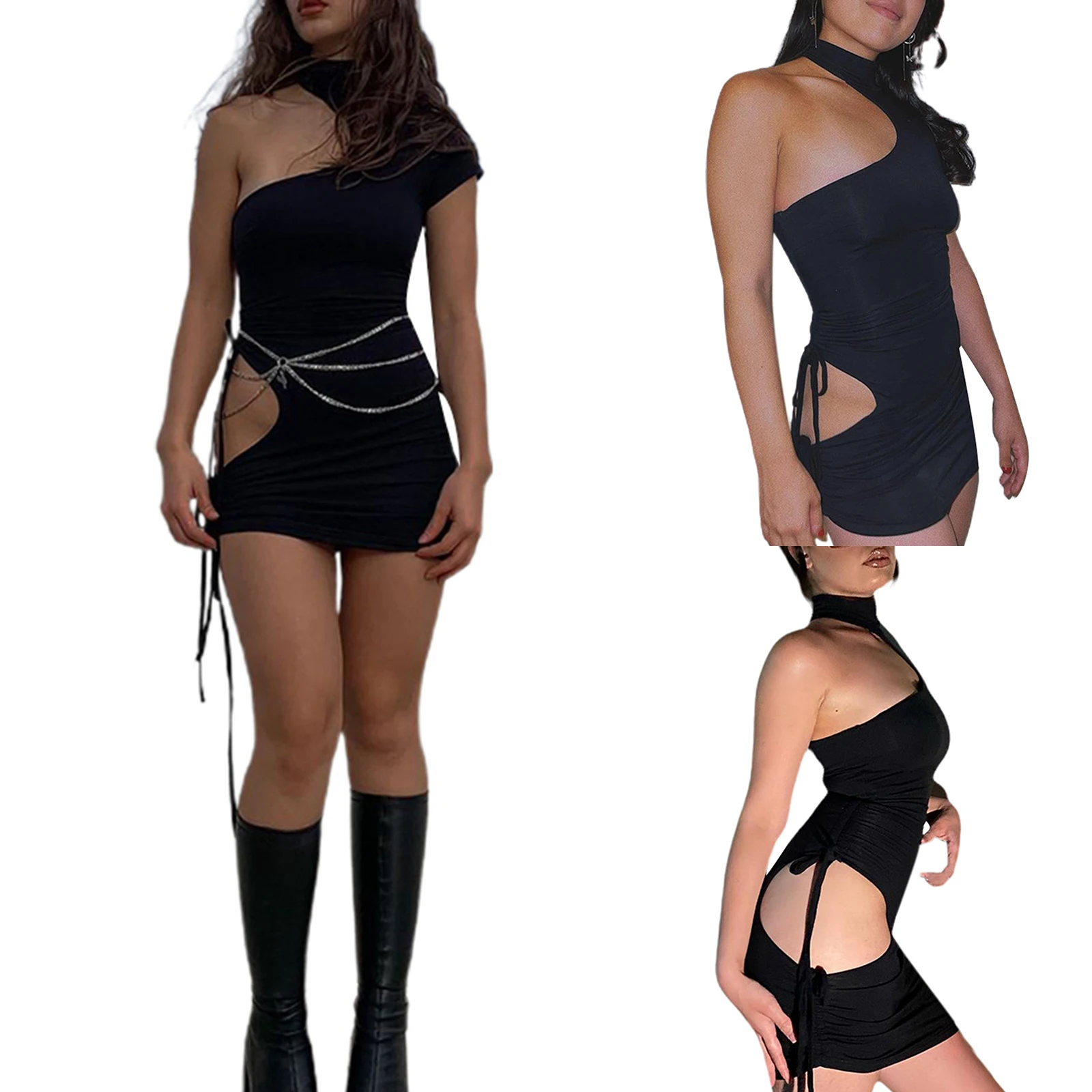 

Women Sexy Irregular Dress Black Solid Color Turtleneck Hollow Out Female Dress S/ M/ L