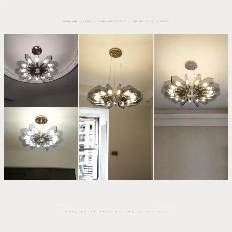구매 현대 거실 펜 던 트 램프 바 Led Luminaire 럭셔리 레스토랑 침실 높은 천장 펜 던 트 조명 블랙 유리 잎 램프