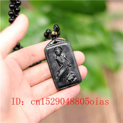 Natural Black Green Jade Guanyin Pendant Beads Necklace Charm Jewelry Obsidian Accessories Carved Amulet Gifts for Men | Украшения и