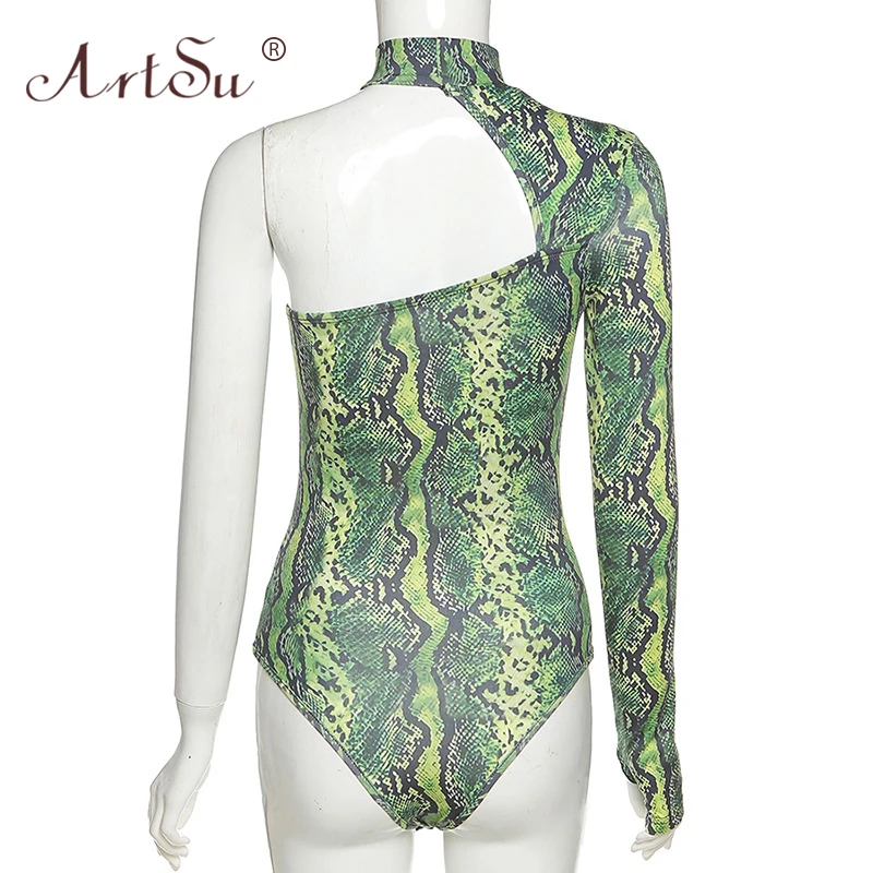 

ArtSu Green Snake Print Fashion Bodysuits Club Party Women's Body Tops Sexy Backless One Shoulder Cut-Out Choker Halter Bodysuit