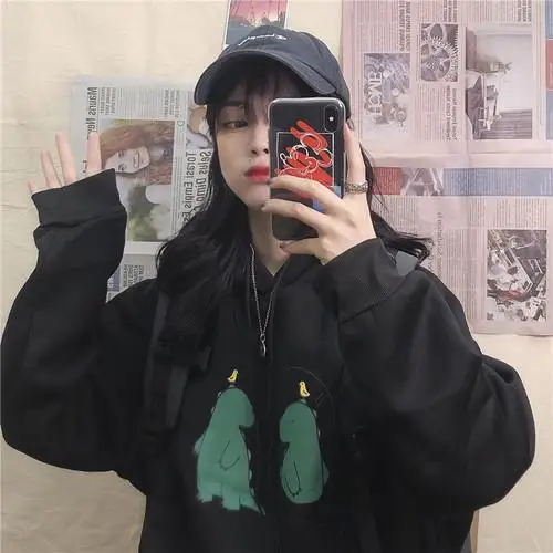 Cartoon Dinosaurs Printed Casual Loose Basic Black Simple College Wind Cute Fresh Hot Sale Winter Female Women Hoodies - Цвет: Black