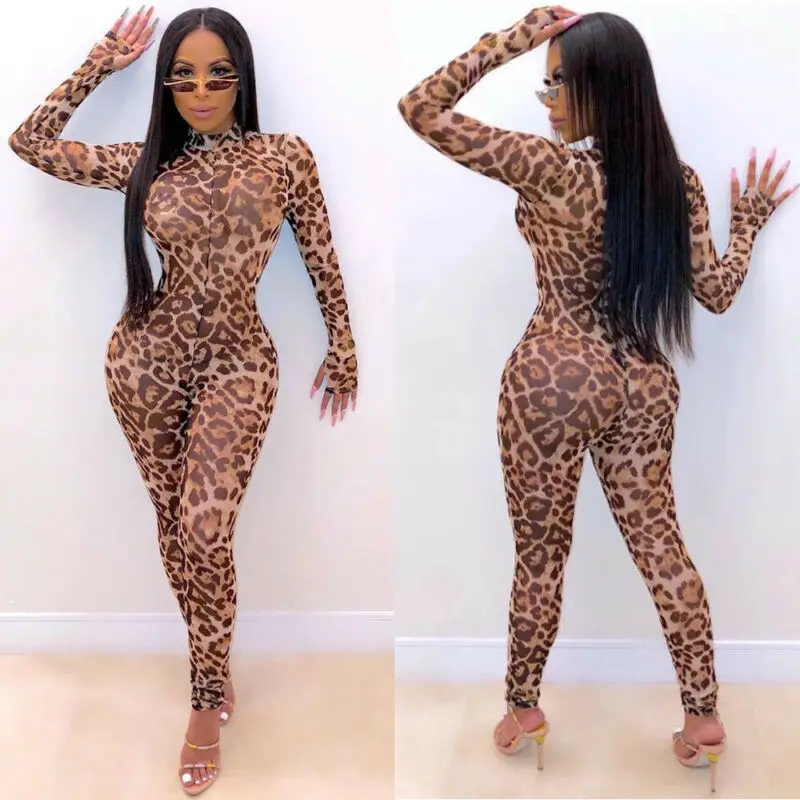 

New Women Summer Sexy Long Sleeve Tight Leopard Mesh Clubwear Party Playsuit Casual Jumpsuit Romper Trousers