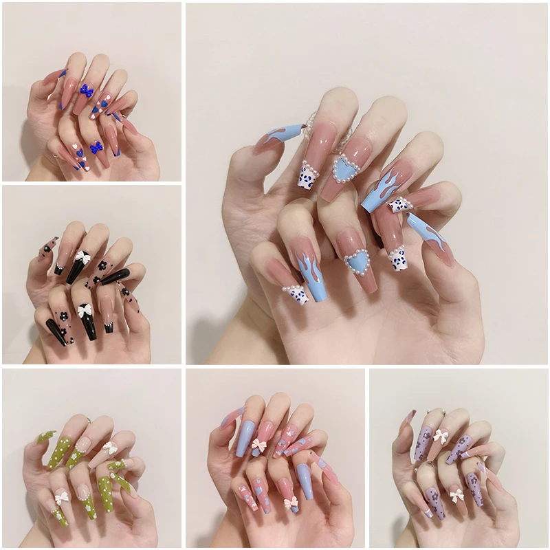 

24 Pcs Blue Flame Pearl Decoration Ballet Coffin Fake Nails Flower Love Pattern Design Press On Nail Art Tips Manicure Tools