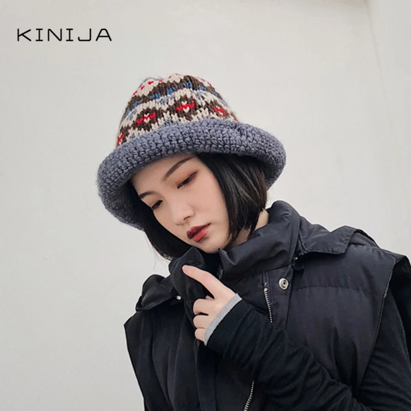 Женская зимняя Геометрическая вязаная шапка ведро осенняя корейская модная