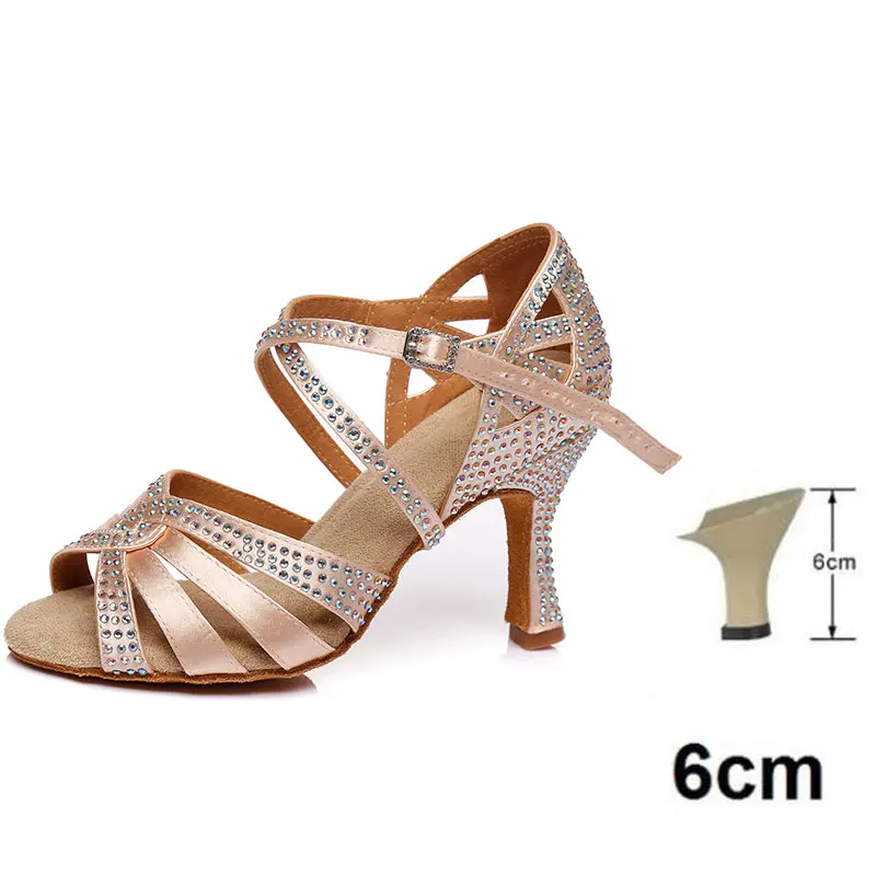 Beige 6CM HROYL/Женская обувь для латинских танцев; женские танцевальные сандалии для танго; Сальса; Самба; стразы; пикантные вечерние туфли на каблуке 5/6/7,5/8,5/9/1 - Цвет: Beige 6CM