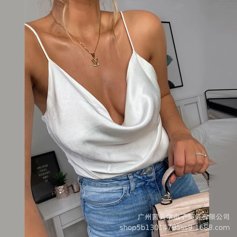 

WEPBEL Summer Fashion V-neck Spaghetti Strap Backless Tops Women's Sexy Solid Color Loose Camis