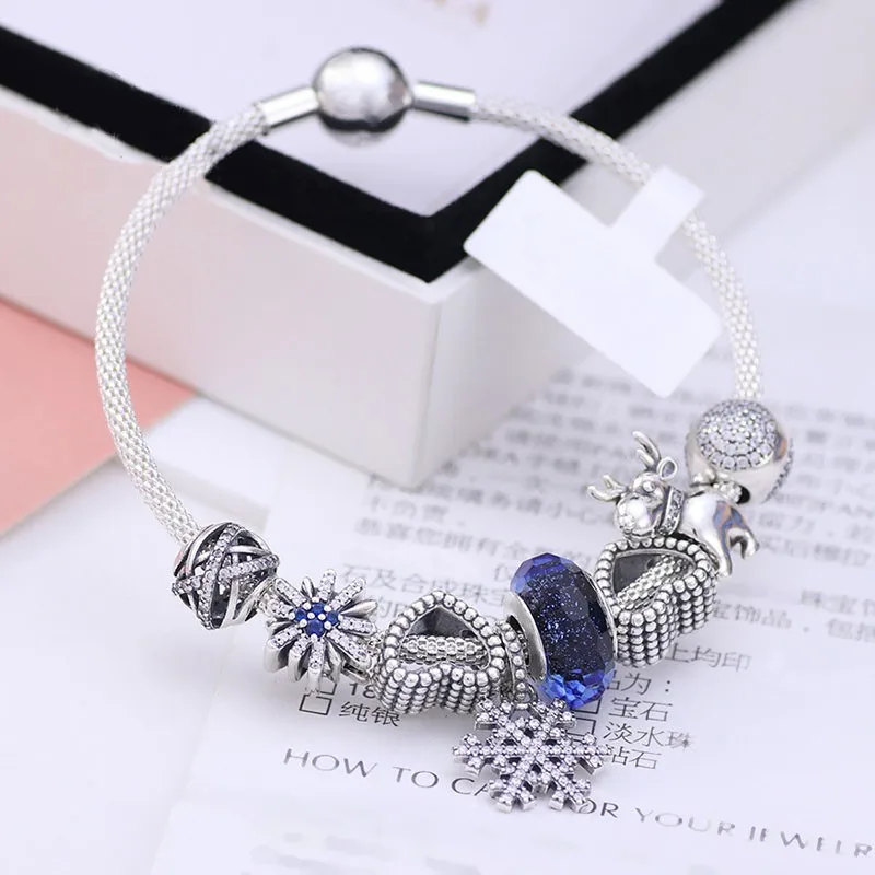 

2020 925 Sterling Silver Hollow Plain Silver Love Elk Beaded Silver Silk Woven Pan Bracelet For Women Wedding Fashion Jewelry