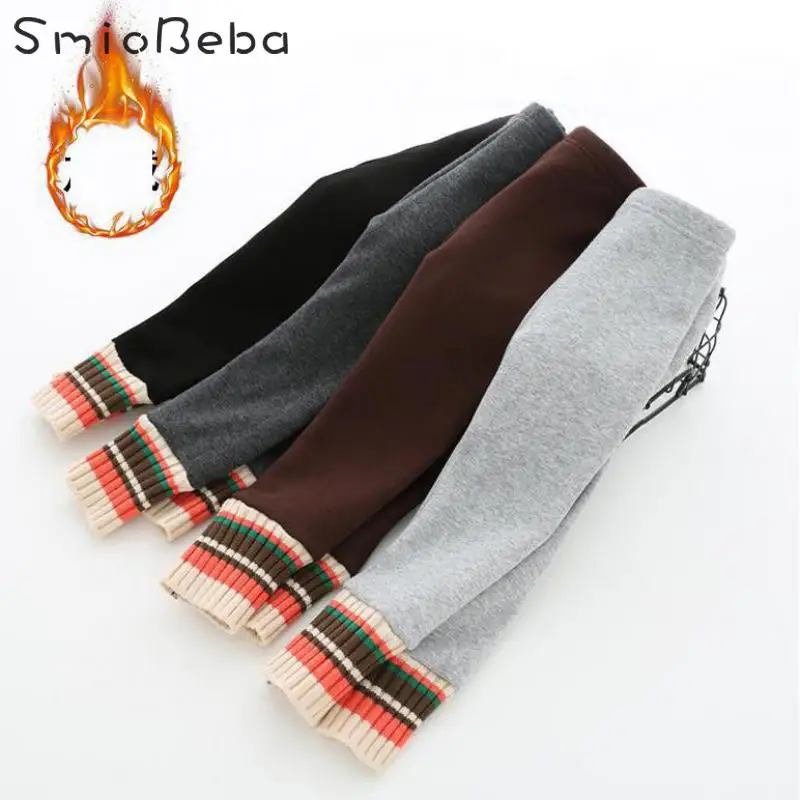 Детские теплые брюки осенне-зимние плюшевые леггинсы полосатые штаны-карандаш