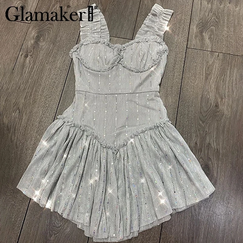 Glamaker, розовое, с открытой спиной, блестящее, Клубное, Золотое платье, сексуальное, черное, а-силуэт, вечерние, короткое платье, элегантное, с блестками, мини, Ночное платье для женщин, осень - Цвет: Серебристый
