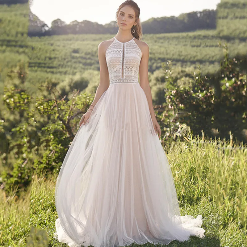 

TIXLEAR Women Wedding Dress 2023 Vintage A-Line Halter BOHO Illusion Tulle Lace Applique Bridal Gowns Sequins robe de mariée