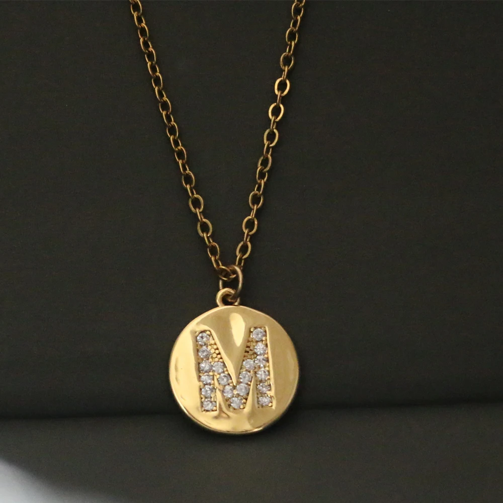 

Simple Copper A-Z 26 Initial Letter Round Pendant Necklace Womem Men Trendy Gold Color CZ Alphabet Charm Steel Chain Jewelry